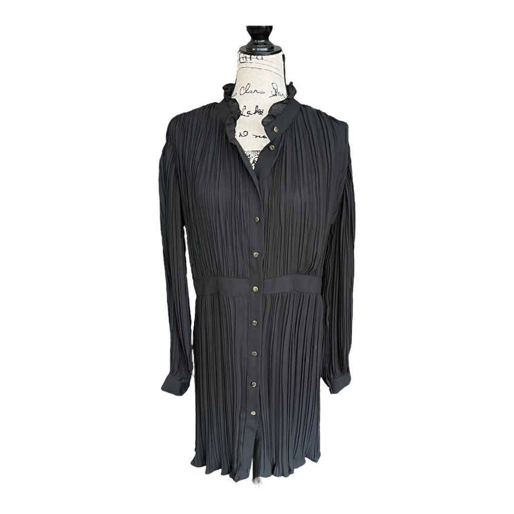 Black Dress Accordian Pleats Button Front Long Sleeves and Ruffle Neck size 4XL